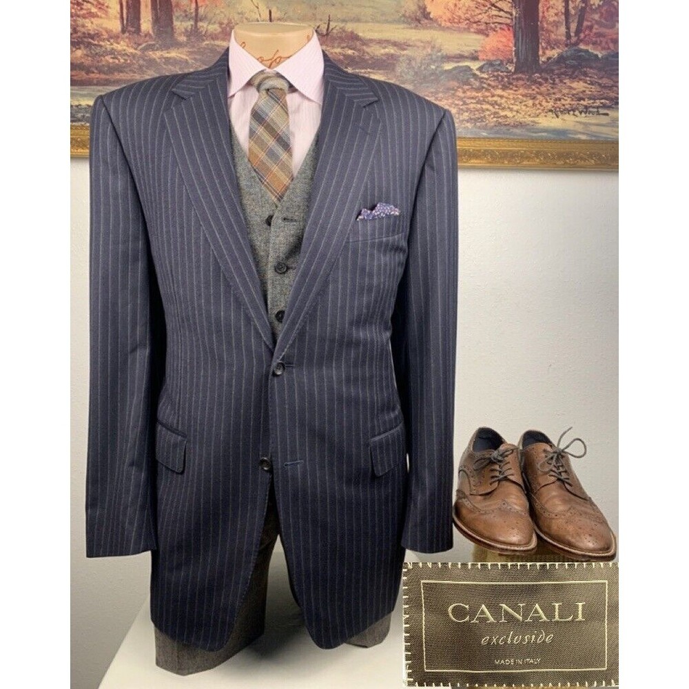 Canali Exclusive Mens Custom Navy Chalk Striped Blazer 44L $2356
